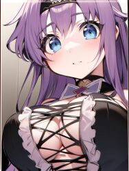 ai_generated blue_eyes cleavage close-up hariyama_kiriha hentai highres huge_breasts looking_at_viewer maid maid_headdress maid_uniform nai_diffusion pov purple_hair skyrimgamer17 stable_diffusion tsun_tsun_maid_wa_ero_ero_desu