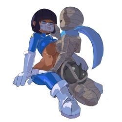 2girls big_ass bodysuit brickshoes dark-skinned_female hand_in_panties mask multiple_girls mummy mummy_wrappings nipples_outside nipples_visible_through_clothing nuclear_throne rebel_(nuclear_throne) rogue_(nuclear_throne) scarf yuri