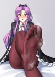 1girls absurdres blush eiyuu_densetsu feet highres kuro_no_kiseki long_hair looking_at_viewer oirin pantyhose parted_lips purple_hair renne_(eiyuu_densetsu) renne_bright soles steam toes yellow_eyes