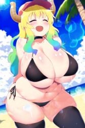 ai_generated baseball_cap beach blonde_hair blue_sky choker cleavage closed_eyes cumulonimbus_cloud curvy dragon_girl dragon_horns high_resolution highres huge_breasts kobayashi-san_chi_no_maidragon lens_flare long_hair lucoa_(maidragon) mature_female multicolored_hair nai_diffusion ocean outdoors quetzalcoatl_(dragon_maid) shiny_clothes shiny_hair shiny_skin skyrimgamer17 smiling stable_diffusion string_bikini thick_thighs thighhighs voluptuous_female wet_body wide_hips