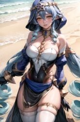 1girls ai_generated bare_shoulders beach blue_hair blue_hood blush cleavage detached_sleeves drill_hair drill_sidelocks elf elf_ears genshin_impact gloves gold_eyes hair_between_eyes hood jewelry layla_(genshin_impact) long_hair long_sleeves looking_at_viewer parted_lips pointy_ears seductive_look skindentation stable_diffusion thick_thighs thighlet thighs tiara tight_clothing yellow_eyes yukino_ai