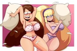 2girls big_breasts blonde_hair bra brown_hair cleavage earrings eyebrows eyeshadow female female_only gravity_falls large_breasts mabel_pines pacifica_northwest pillow pillow_fight sonson-sensei thick_thighs thighs wide_hips