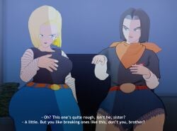 1girls 2boys 3d android_17 android_18 big_ass big_butt bisexual black_hair black_lipstick blonde_hair blue_eyes both_sexes_in_same_situation breasts bubble_ass bubble_butt dragon_ball dragon_ball_super dragon_ball_z english_subtitles female femboy huge_ass imminent_rape imminent_sex jeans lipstick male offscreen_character shorts straight_hair tight_clothing trunks_(dragon_ball) trunks_briefs xscapism