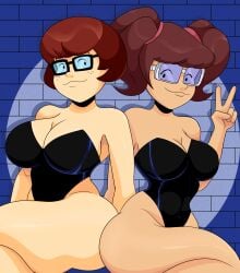 2girls big_breasts brown_hair bunnysuit cleavage female female_only freckles glasses large_breasts light-skinned_female light_skin looking_at_viewer madelyn_dinkley peace_sign ponytails scooby-doo sonson-sensei thick_thighs thighs velma_dinkley wide_hips