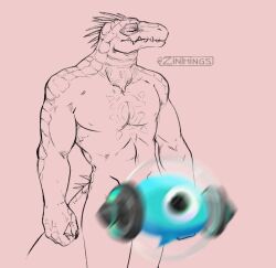 anthro censored censored_genitalia chest_tattoo closed_eyes crocodile crocodilian crocodylid daylon_(dislyte) dislyte facial_markings head_markings male markings muscular nude reptile scalie solo spikes tattoo teeth zinthings