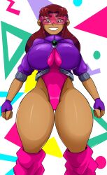 1girls 80's_theme big_breasts dc dc_comics female female_only fingerless_gloves large_breasts leotard looking_at_viewer red_hair retro solo solo_female solo_focus sonson-sensei starfire tan_body tan_skin teen_titans thick_thighs thighs wide_hips