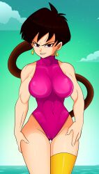 1girls big_breasts black_hair dragon_ball dragon_ball_z earrings eyebrows female female_only leotard light-skinned_female light_skin looking_at_viewer purple_eyes saiyan saiyan_tail seripa solo solo_female solo_focus sonson-sensei swimsuit thick_thighs thighs wide_hips