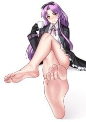 1girls absurdres artist_request barefoot crossed_legs cup eiyuu_densetsu feet highres kuro_no_kiseki light_blush long_hair looking_at_viewer purple_hair renne_(eiyuu_densetsu) renne_bright smile soles teacup toes yellow_eyes