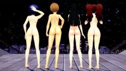 3d 4girls amagi_yukiko ass atlus barefoot black_hair blue_hair breasts brown_hair casual completely_naked completely_nude female female_only hairband hat headwear human kujikawa_rise long_hair multiple_girls naked naked_hat nude nudist pale_skin persona persona_4 pussy retro_punch retropunch satonaka_chie shirogane_naoto short_hair tomboy toned_female twintails