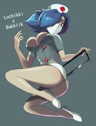 1girls blue_hair boob_window breasts breasts bukhlik facemask female_only killer luchikki mask nurse pale_skin ponytail red_eyes shoes skullgirls thick_thighs valentine_(skullgirls) white_suit