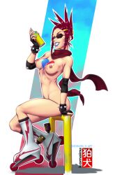 2022 blue_lipstick breasts eyepatch fingerless_gloves jet_set_radio komainu_(artist) lipstick love_shocker nipples nude paint_on_body red_hair roller_skates scarf sitting smile spray_paint