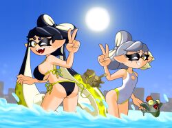 ass bacontactician black_hair breasts callie_(alterna) callie_(splatoon) earrings female female_only light-skinned_female light_hair light_skin long_hair marie_(alterna) marie_(splatoon) mole mole_under_eye multicolored_hair multiple_girls nintendo pointed_ears pointy_ears short_hair silver_hair splatoon splatoon_(series) swimsuit symbol-shaped_pupils tacticalbacon84 tagme twintails white_hair yellow_eyes yellow_hair