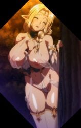 1girls areolae blonde_hair breasts bunnywalker closed_eyes clothing edit elf elf_female hips huge_breasts large_breasts lewd_elf milf nipples pointy_ears revealing_clothes screencap screenshot stitched sukebe_elf_tanbouki t-rex_(animation_studio) thick_thighs thighhighs thighs tummy