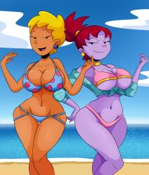 2girls beach beebe_bluff big_breasts bikini bikini_bottom bikini_top blonde_hair cleavage disney doug earrings eyebrows female female_only large_breasts looking_at_viewer navel nickelodeon orange_body orange_skin patti_mayonnaise purple_body purple_skin red_hair sonson-sensei thick_thighs thighs underboob wide_hips