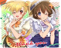 2girls artist_name blonde_hair blush breasts brown_hair dated grin hat hayate_yagami kiwi_hair_ornament large_breasts long_hair looking_at_viewer lyrical_nanoha mahou_shoujo_lyrical_nanoha_strikers mahou_shoujo_lyrical_nanoha_vivid open_mouth ponytail san-pon short_hair smile tagme v vivio wink x_hair_ornament