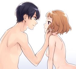 1boy 1girls back_muscles black_hair breasts brown_hair canon_couple disability disabled eye_contact female hand_on_partner itou_fumi josee,_the_tiger_and_the_fish josee_yamamura looking_at_partner male naked nipples romantic side_view smile straight tsuneo_suzukawa white_background wholesome