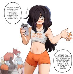 3boys afro ass black_hair bulge charley_davis crop_top dialogue english_text femboy femboy_hooters femboy_hooters_(meme) hair_over_one_eye highres hooters ichiro_yamazaki long_hair male male_focus male_only meme midriff ms_pigtails multiple_boys navel notepad original pencil politics roland_bonhomme short_shorts shorts simple_background speech_bubble trap vest