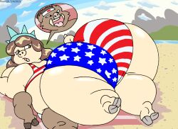 1boy 1girls 4th_of_july american_flag american_flag_bikini american_piggy_girl anthro ass beach beach_towel belly boar breasts brown_eyes brown_fur brown_hair fat female female_focus furry headband hips japanese_boar_boy large_ass large_breasts male morbidly_obese morbidly_obese_female mostly_nude mostly_nude_female mostly_nude_male obese obese_female on_top on_top_of_another overweight overweight_female pig stomach thick_thighs thighs tongue tongue_out virus-20 wide_hips