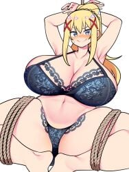 1girls alternate_version_available bellupup big_breasts blonde_hair blue_bra blue_eyes blue_panties blush bondage bottomwear bra breasts cleavage clothing darkness_(konosuba) female female_only hair hands_behind_head huge_breasts kono_subarashii_sekai_ni_shukufuku_wo! lace lace-trimmed_bra lace-trimmed_panties lace_trim large_breasts lingerie matching_underwear panties ponytail restrained rope rope_bondage smile solo solo_female spread_legs suspended suspension sweat sweatdrop thighs tied_up topwear wide_hips