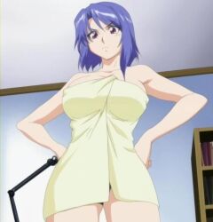 1girls aniyome_wa_ijippari armpits bare_arms bare_legs bare_shoulders bare_thighs barely_clothed big_breasts blue_hair breasts busty cleavage curvaceous curves curvy curvy_body curvy_female curvy_figure curvy_hips disappointed discovery_(company) facing_viewer female female_focus female_only front_view hands_on_hips hourglass_figure katsuragi_mai large_breasts light-skinned_female light_skin looking_at_viewer lover-in-law milf no_bra no_panties purple_eyes screenshot shiny_hair short_hair sole_female solo solo_female solo_focus thick_thighs thighs towel towel_only voluptuous voluptuous_female