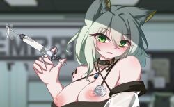 absurdres animal_ear_fluff animal_ears arknights blurry blurry_background blush breasts breasts_out cat_ears cat_girl criss-cross_halter cum_in_syringe dior-zi dress female green_eyes green_hair hair_between_eyes halterneck hand_up highres holding holding_syringe indoors kal'tsit_(arknights) large_breasts looking_at_viewer medium_hair nipples off-shoulder_dress off_shoulder open_mouth oripathy_lesion_(arknights) parted_lips portrait solo syringe