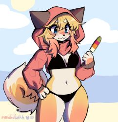 anakoluth anthro beach belly belly_button bikini bikini_bottom bikini_top blonde_female blonde_hair blue_eyes curly_tail dog_girl furry hips hoodie medium_breasts