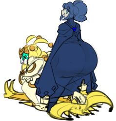 1girls 2021 2boys ass ass_focus back_view banana_assassin banana_jester_(repomorame) big_ass blue_clothing blue_robe bottom_heavy curvy curvy_figure dat_ass dongwongtang fat_ass female female_on_top fully_clothed gigantic_ass huge_ass jester jester_cap jester_outfit large_ass looking_at_partner mairhin_meadowglow makeup male male_on_bottom male_on_top oc original original_character pointing pointing_at_another rear_view robe short_hair squatting sweat sweatdrop trio trio_focus white_background wide_hips worried_expression