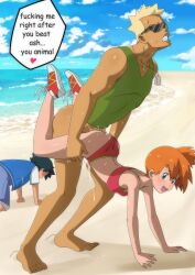 1girls 2boys ash_ketchum beach bikini commissioner_upload cuckold female hair_tie kasumi_(pokemon) lt_surge misty_(pokemon) netorare ntr orange_hair pokemon pokemon_(anime) pokemon_rgby ponytail satoshi_(pokemon) scrunchie shoes short_ponytail side_ponytail straight_hair sunglasses the_dark_mangaka tinted_eyewear wheelbarrow_position