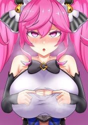 1girls big_breasts blush cleavage cleo_(dragalia_lost) cygames deuce_(artist) dragalia_lost female female_only heavy_breathing huge_breasts inviting long_hair looking_at_viewer nintendo pink_eyes pink_hair solo steam torn_clothes twintails