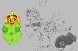 anthro breast_expansion breasts crop_top drawing female freckles green_skin huge_breasts hyper hyper_breasts lactating lactation leaffi plantie plants_vs_zombies pussy shortstack shower sketch solar_flare_(pvz) sunflower topless underwear video_games wardrobe_malfunction