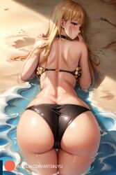 1girls ai_generated all_fours artsbuyu ass ass_focus beach bent_over bikini black_bikini black_panties blonde_hair blush choker earrings from_behind hi_res kitagawa_marin long_hair looking_back medium_breasts pink_eyes sand solo sono_bisque_doll_wa_koi_wo_suru stable_diffusion