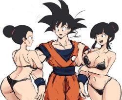 1boy 2girls ass big_breasts black_lace_bra black_lace_panties breasts chichi cute dragon_ball earrings hairbun holding_another's_arm lingerie rakeemspoon son_goku sweatdrop tagme wide_hips