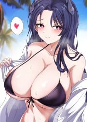 beach bikini goddess_of_victory:_nikke heart-shaped_pupils in_heat isabel_(nikke) nervous_smile spoken_heart sweat_drop taking_clothes_off