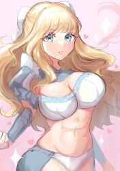 1girls armor bandeau bare_thighs blonde_hair blue_eyes bow breasts charlotte_(fire_emblem) commentary female female female_only fire_emblem fire_emblem_fates hairbow heart highres inner_thighs large_breasts long_hair looking_at_viewer midriff navel nintendo panties parted_lips pink_background shoulder_armor sketch solo stomach thighs underwear upper_body very_long_hair white_bow white_panties youhei_choregi