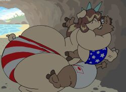 1boy 1girls american_flag american_flag_bikini american_piggy_girl anthro ass beach bikini boar breasts brown_fur brown_hair chubby chubby_female closed_eyes cove female female_focus furry hips hyper hyper_ass hyper_breasts japanese_boar_boy japanese_flag kissing large_ass large_breasts male male_focus mostly_nude mostly_nude_female mostly_nude_male pig pig_humanoid straight suina sus_(pig) swimming_trunks thick_thighs thighs virus-20 wide_hips