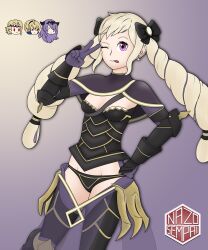 2boys 2girls ;p alternate_costume bare_thighs black_panties blonde_hair boots breasts camilla_(fire_emblem) camilla_(fire_emblem)_(cosplay) clothes_swap cosplay elise_(fire_emblem) female_focus fire_emblem fire_emblem_fates inner_thighs leo_(fire_emblem) licking_lips multiple_boys multiple_girls nazosempai nintendo one_eye_closed panties pink_eyes pose small_breasts solo_focus thigh_boots thighs tongue tongue_out twintails underwear v xander_(fire_emblem)