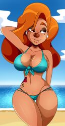 1girls a_goofy_movie beach big_breasts bikini bikini_bottom bikini_top cleavage disney eyebrows eyeshadow female female_only goof_troop large_breasts long_hair looking_at_viewer mole_under_eye navel orange_hair roxanne_(goof_troop) solo solo_female solo_focus sonson-sensei tan_body tan_skin tattoo thick_thighs thighs wide_hips