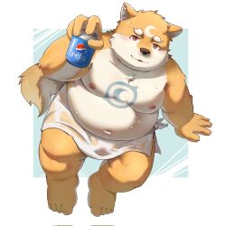 2020s 2023 anthro belly big_belly bodily_fluids can canid canine canis container domestic_dog hi_res kemono male mammal moobs morain_xs navel nipples overweight overweight_male pepsi sitting solo sweat towel