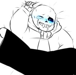 2015 animated_skeleton blue_blush blush chubby clothed crying drooling grabbing_sheets gripping_sheets heart-shaped_pupils heart_eyes hooded_jacket hoodie implied_sex jacket legs_apart legs_spread monster one_eye_closed sans sans_(undertale) skeleton spread_legs suckmytrombone undead undertale undertale_(series)