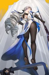 ass ass_focus bare_back bare_shoulders big_ass bronya_rand feet hle holding_weapon honkai:_star_rail honkai_(series) light-skinned_female light_skin long_hair looking_at_viewer looking_back standing thighs very_long_hair weapon white_hair