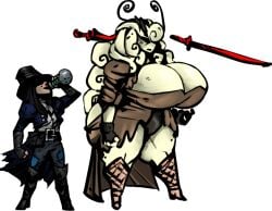 1girls 2020s 2021 artstyle_imitation ass big_ass big_breasts breasts character_request cleavage darkest_dungeon dongwongtang faceless_character female floating_weapon fully_clothed huge_breasts large_breasts long_hair marietta_coco mature_female oc original original_character tattered_clothing thick_thighs top_heavy very_long_hair weapon white_background wide_hips