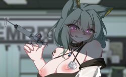 :q absurdres animal_ear_fluff animal_ears arknights blurry blurry_background blush breasts breasts_out cat_ears cat_girl criss-cross_halter cum_in_syringe dior-zi dress female green_eyes green_hair hair_between_eyes halterneck hand_up highres holding holding_syringe indoors kal'tsit_(arknights) large_breasts licking_lips looking_at_viewer medium_hair nipples off-shoulder_dress off_shoulder oripathy_lesion_(arknights) parted_lips portrait solo syringe tongue tongue_out