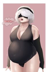 1girls bbw belly big_belly blindfold breasts burp burping chubby clothing fat female female_only hairband huge_belly light-skinned_female light_skin metseek nier nier:_automata overweight short_hair solo white_hair yorha_2b