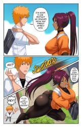 1boy 1girls ass big_ass big_breasts bleach comic dark-skinned_female dark_skin english english_text gigantic_ass huge_ass huge_breasts huge_thighs ichigo_kurosaki kurosaki_ichigo light-skinned_male light_skin long_hair orange_hair pinkpawg ponytail purple_hair school_uniform shihouin_yoruichi short_hair speech_bubble text thick_thighs voluptuous yellow_eyes