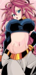 android_21 android_21_(human) big_breasts blue_eyes brown_hair cute cute_face dragon_ball dragon_ball_z elbow_gloves gold_jewelry hard_nipples long_hair omochi_db sassy stomach