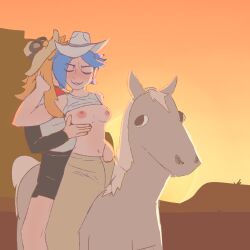 2girls blue_hair breasts cowboy_hat cowgirl cute desert female_only groping horse kissing meggy_spletzer orange_hair potato_dealer riding_horse smg4 sunset tank_top tari_(smg4) white_hat yuri