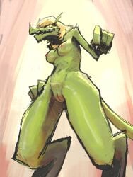 4_fingers absurd_res alien anthro bilopterix blonde_hair breasts claws erect_nipples extraterrestrial female finger_claws fingers fur green_body green_fur hair hairy hi_res kexkiro long_ears looking_at_viewer low-angle_view nipples nude sharp_teeth solo tail teeth