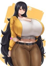 big_breasts black_hair breasts breasts_bigger_than_head commission enormous_breasts gigantic_breasts holding_condom huge_breasts large_breasts long_hair looking_at_viewer nastart red_eyes thick_thighs thighs thin_waist very_long_hair voluptuous voluptuous_female wide_hips