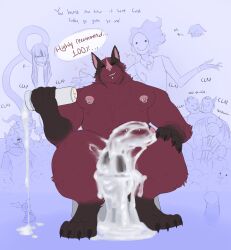 absurd_res anthro background_character balls bat big_balls big_pecs big_penis bodily_fluids claws cum dhalo_(himeros) dialogue ear_piercing excessive_cum excessive_genital_fluids excessive_precum facial_piercing fur genital_fluids genitals hi_res himerosthegod ladder_piercing lip_piercing male male_focus mammal muscular nipple_piercing nipples orgasm_face pecs penetrable_sex_toy penis piercing precum red_body red_eyes red_fur sex_toy simple_background solo thesh_(himeros)