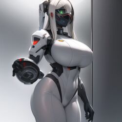 1girls ai_generated armour busty combat_suit female full_body_suit indoors laboratory mask navel_visible_through_clothes nemus_waifu_generator pooplool scifi solo solo_female tagme villainess white_hair